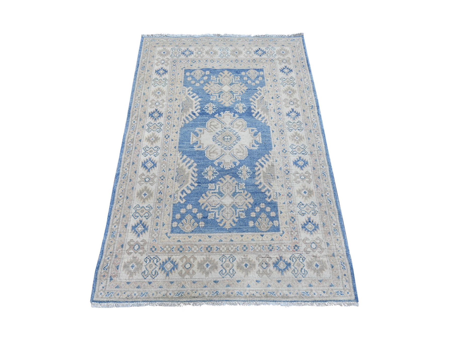 3'3"x4'10" Marlin Blue, Vintage Look Kazak with Geometric Floral Elements, 100% Wool, Hand Knotted, Natural Dyes, Oriental Rug HR21802