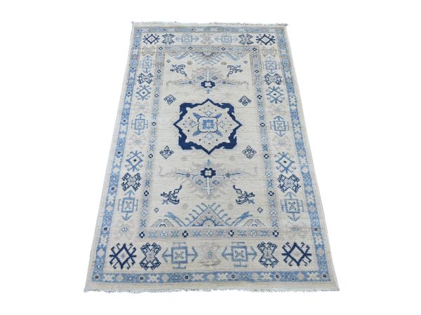 3'2"x5' Daisy White, Vintage Look Kazak with Geometric Medallion, 100% Wool, Hand Knotted, Natural Dyes, Oriental Rug HR21803