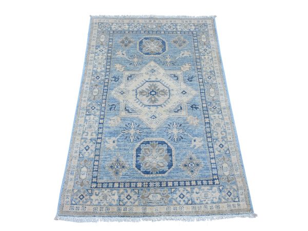 3'3"x4'9" Maya Blue, Vintage Look Kazak with Geometric Medallion, Hand Knotted, 100% Wool, Natural Dyes, Oriental Rug HR21804