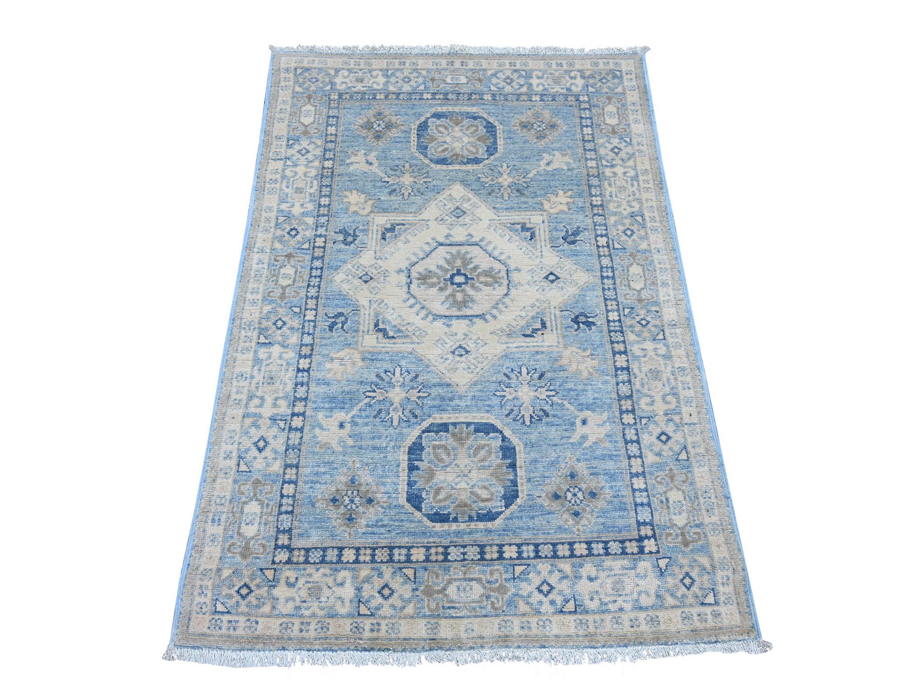 3'3"x4'9" Maya Blue, Vintage Look Kazak with Geometric Medallion, Hand Knotted, 100% Wool, Natural Dyes, Oriental Rug HR21804