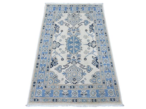 3'1"x4'10" Pearl White, Vintage Look Kazak with Tribal Design, Hand Knotted, 100% Wool, Natural Dyes, Oriental Rug HR21805