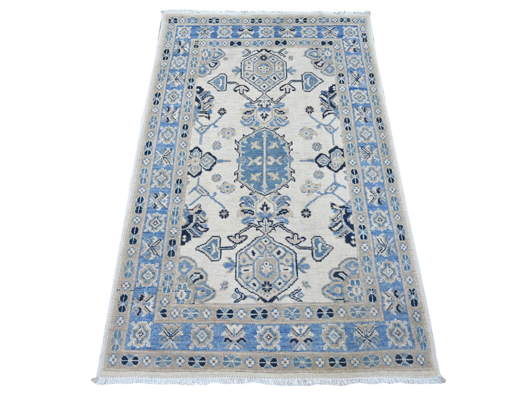 3'1"x4'10" Pearl White, Vintage Look Kazak with Tribal Design, Hand Knotted, 100% Wool, Natural Dyes, Oriental Rug HR21805