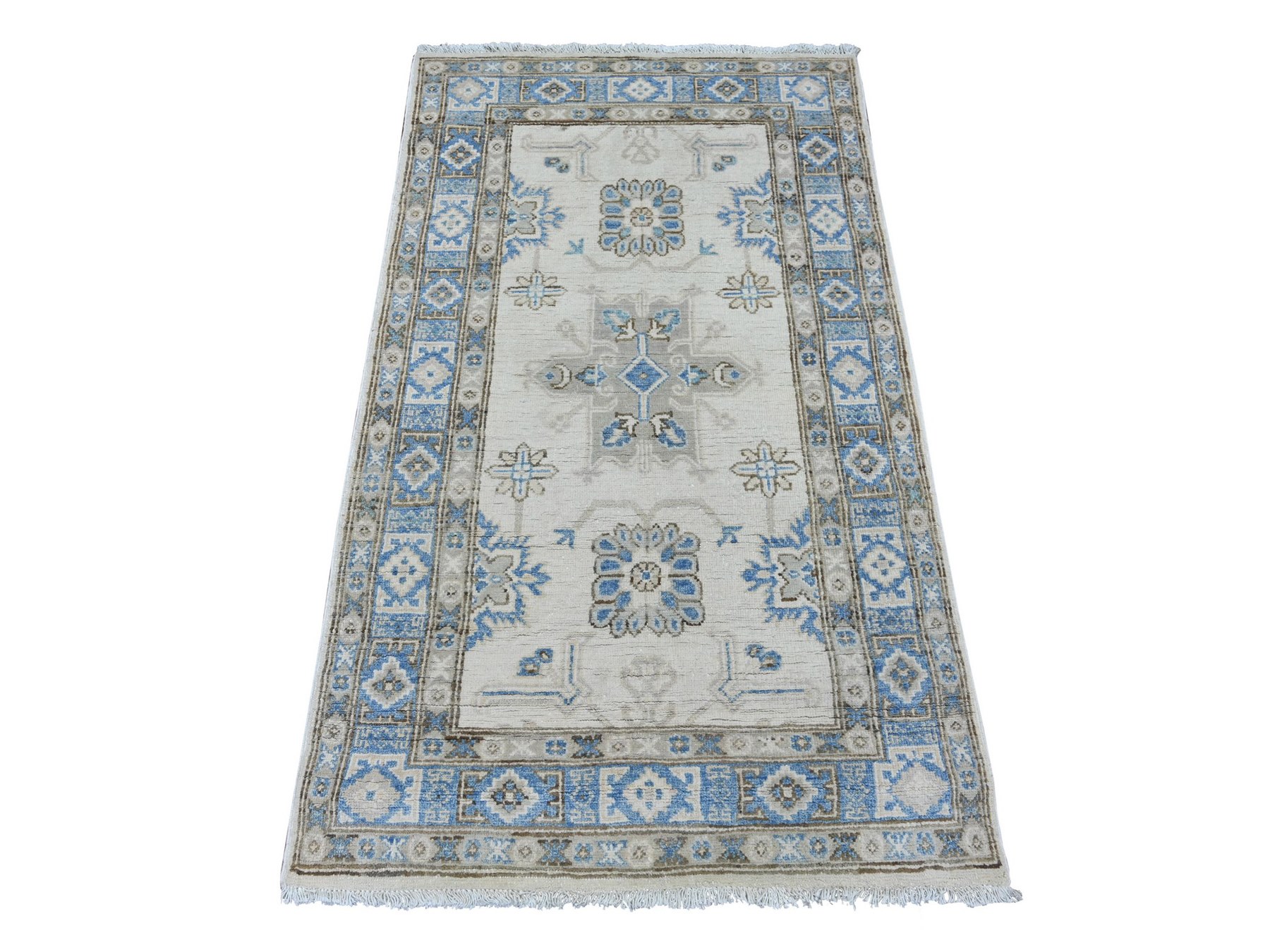 3'x4'10" Alabaster White, Vintage Look Kazak with Tribal Medallion, Hand Knotted, 100% Wool, Natural Dyes, Oriental Rug HR21807