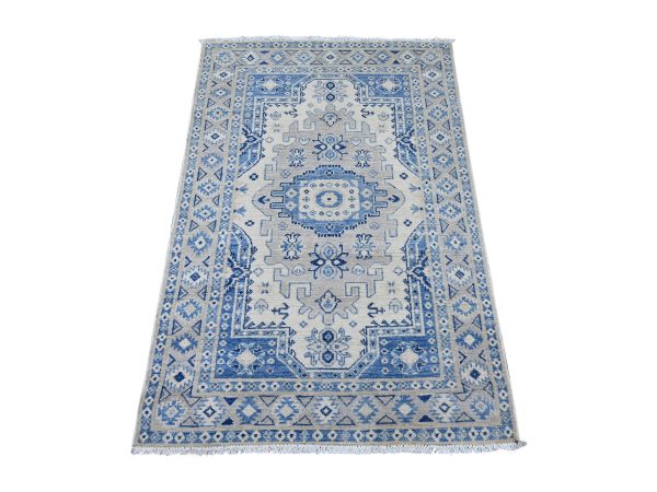 3'x4'9" Alabaster White, Vintage Look Kazak with Geometric Pattern, Hand Knotted, 100% Wool, Natural Dyes, Oriental Rug HR21808