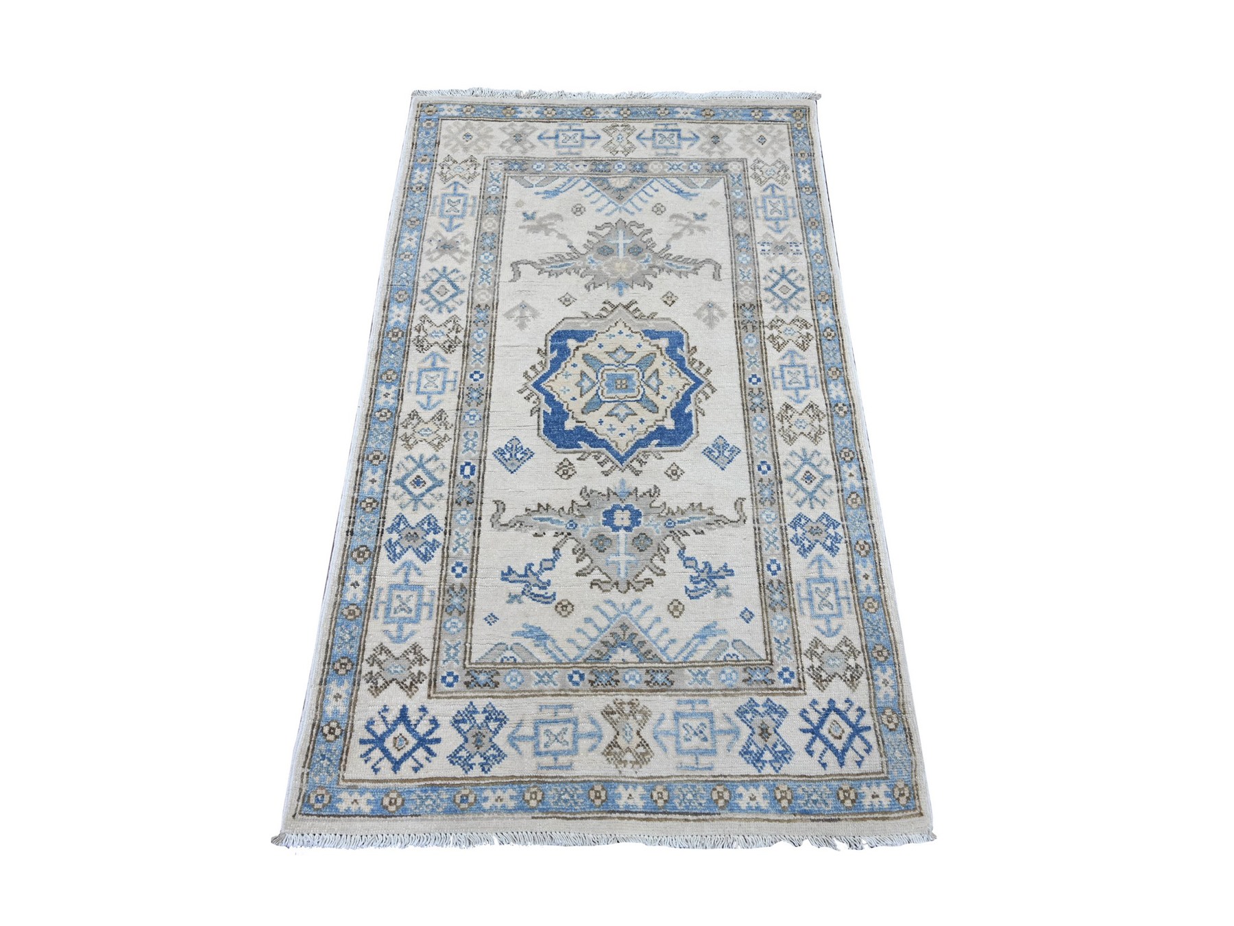 2'10"x4'8" Alabaster White, Vintage Look Kazak with Geometric Medallion, Hand Knotted, 100% Wool, Natural Dyes, Oriental Rug HR21809