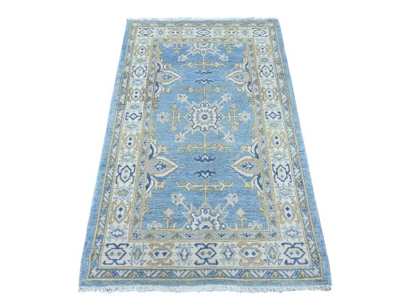 3'1"x5' Marlin Blue, Hand Knotted, Vintage Look Kazak with Tribal Design, 100% Wool, Natural Dyes, Oriental Rug HR21810