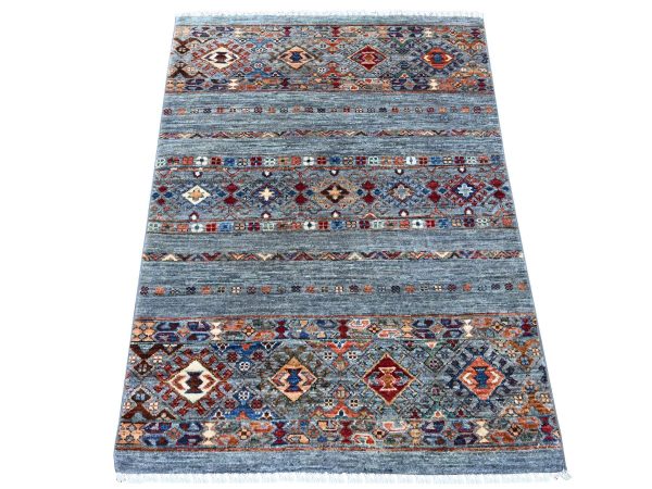 3'1"x4'3" Misty Gray, Pure Wool, Afghan Super Kazak with Khorjin Design, Hand Knotted, Vegetable Dyes, Sample, Mat, Oriental Rug HR21813