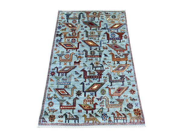 3'2"x5' Light Blue, Hand Knotted, Afghan Sultani with Ancient Bird Figurines, Soft and Vibrant Wool, Natural Dyes, Oriental Rug HR21814