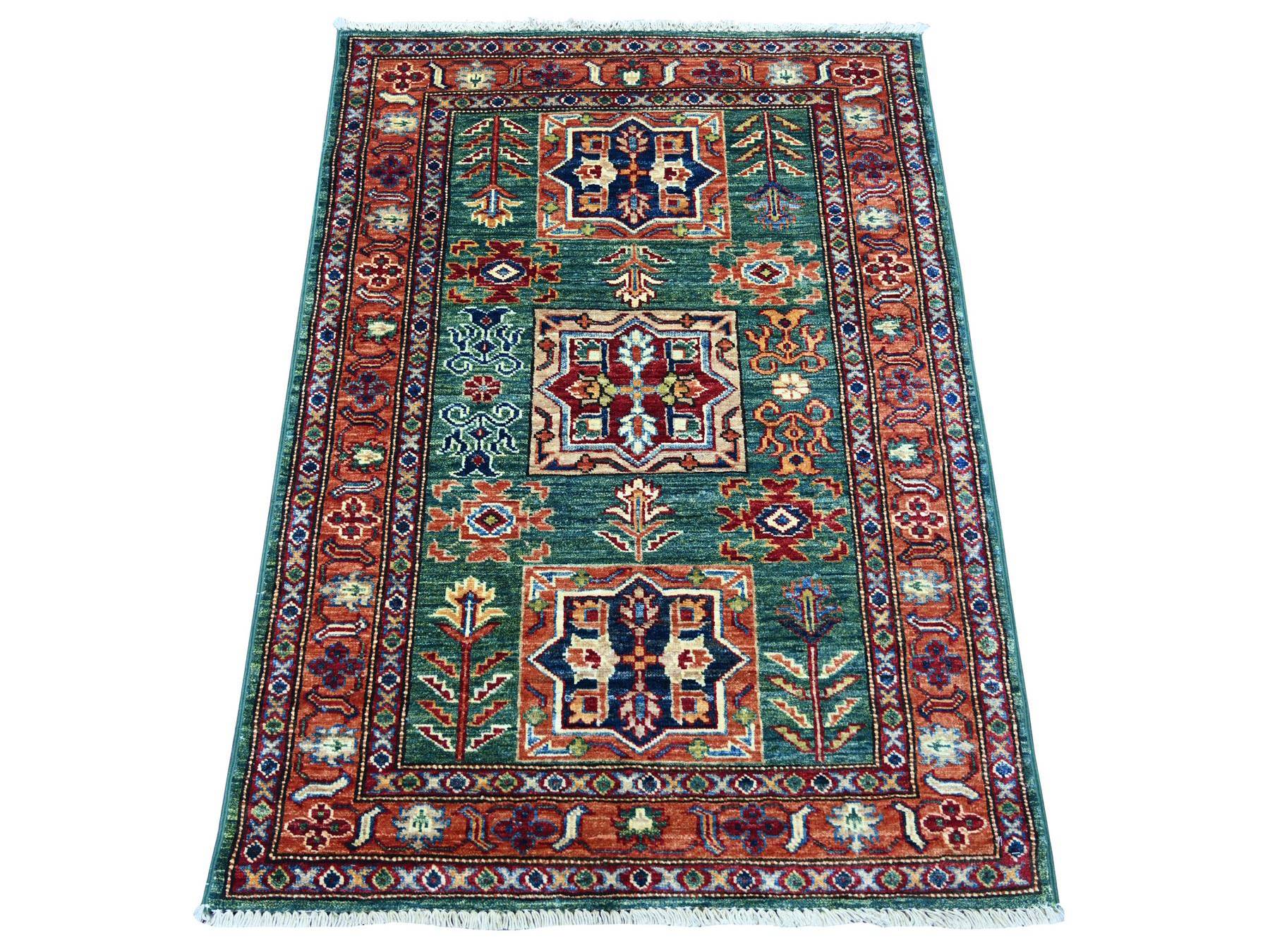 2'10"x4'2" Hunter Green, Afghan Super Kazak with Geoemtric Medallions Design, Hand Knotted, Pure Wool, Vegetable Dyes, Sample, Mat, Oriental Rug HR21824