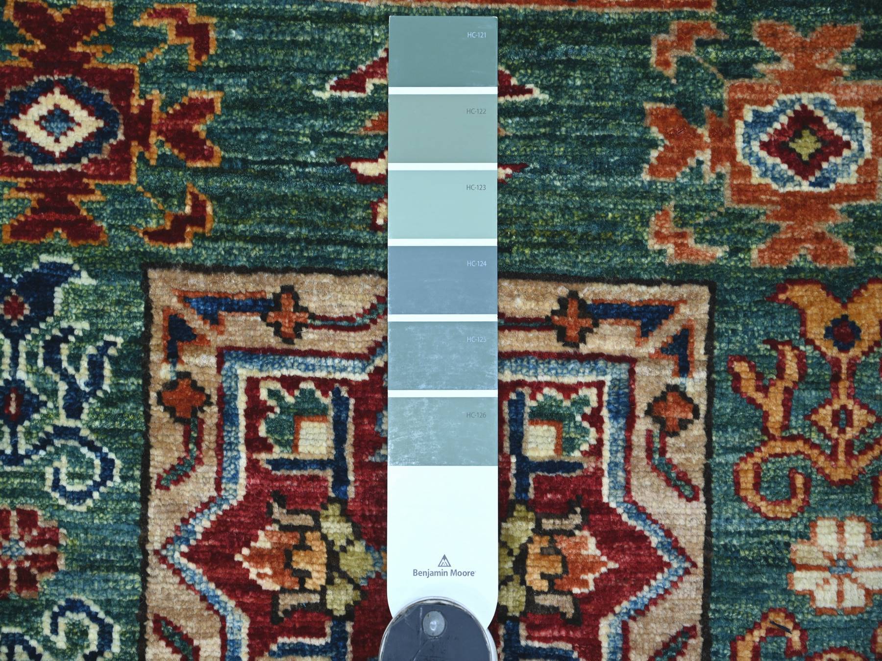 2'10"x4'2" Hunter Green, Afghan Super Kazak with Geoemtric Medallions Design, Hand Knotted, Pure Wool, Vegetable Dyes, Sample, Mat, Oriental Rug HR21824 - Image 3