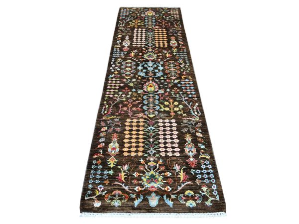 2'8"x8'3" Chocolate Brown, Hand Knotted Afghan Sultani All Over Floral Pattern, Soft and Vibrant Wool, Natural Dyes, Runner, Oriental Rug HR21825