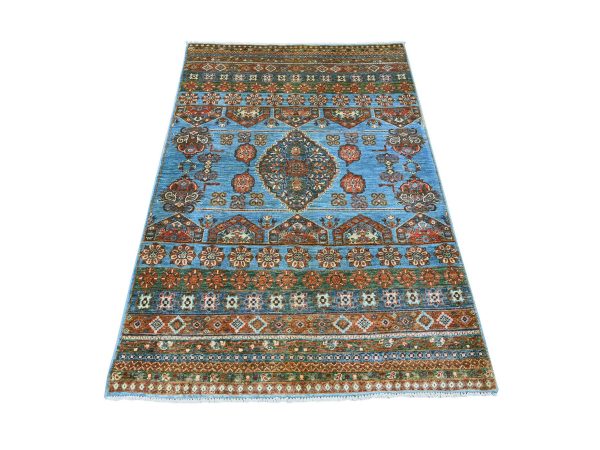 4'x6' Cerulean Blue, Afghan Super Kazak with Khorjin Design, Hand Knotted, Vegetable Dyes, Natural Wool, Oriental Rug HR21848