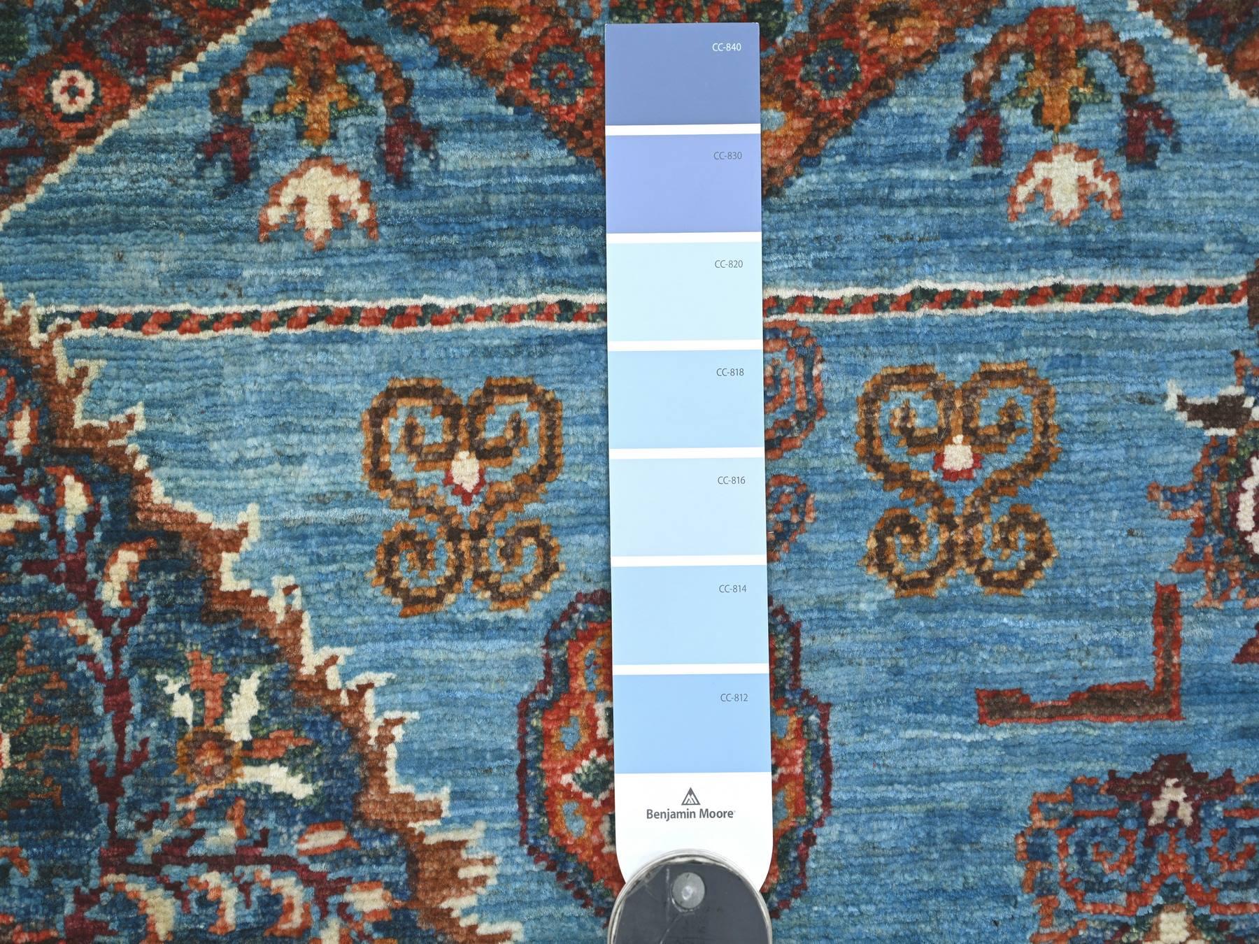 4'x6' Cerulean Blue, Afghan Super Kazak with Khorjin Design, Hand Knotted, Vegetable Dyes, Natural Wool, Oriental Rug HR21848 - Image 3