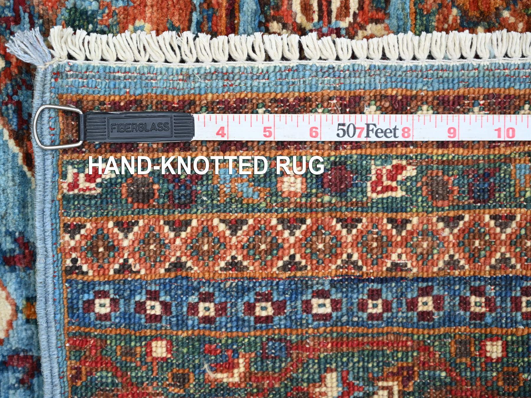 4'x6' Cerulean Blue, Afghan Super Kazak with Khorjin Design, Hand Knotted, Vegetable Dyes, Natural Wool, Oriental Rug HR21848 - Image 6
