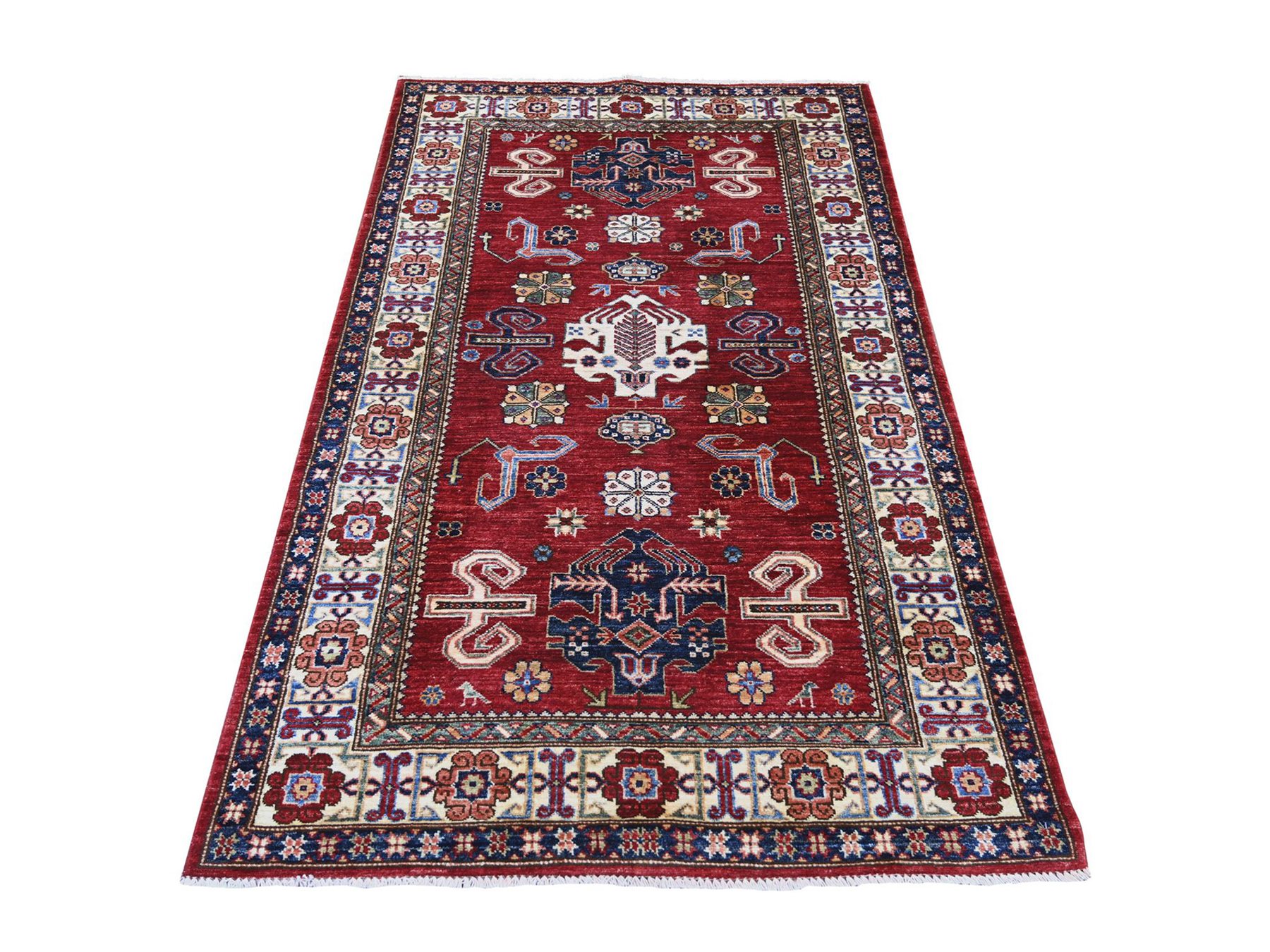 3'10"x6'2" Berry Red, Vegetable Dyes, Natural Wool, Afghan Super Kazak with Tribal Medallions Design, Hand Knotted, Oriental Rug HR21849