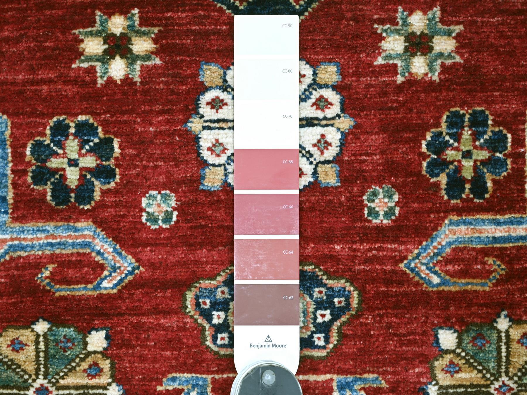 3'10"x6'2" Berry Red, Vegetable Dyes, Natural Wool, Afghan Super Kazak with Tribal Medallions Design, Hand Knotted, Oriental Rug HR21849 - Image 3