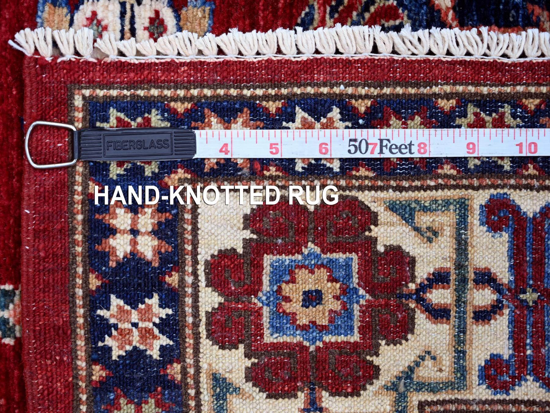3'10"x6'2" Berry Red, Vegetable Dyes, Natural Wool, Afghan Super Kazak with Tribal Medallions Design, Hand Knotted, Oriental Rug HR21849 - Image 6