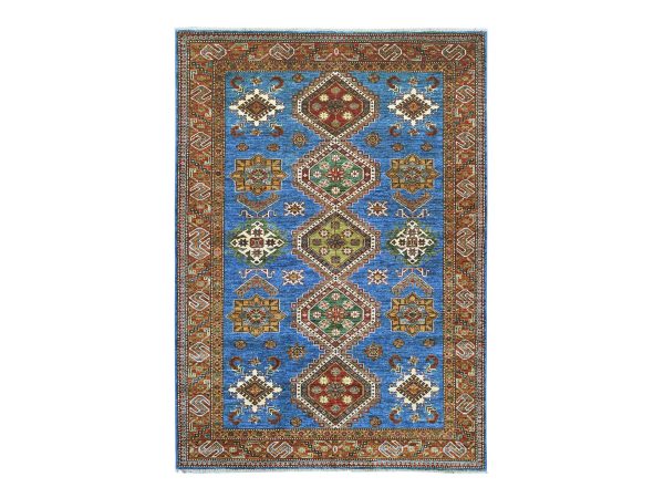 5'10"x8'5" Cerulean Blue, Vegetable Dyes, Afghan Super Kazak with Geometric Medallions Design, Hand Knotted, Pure Wool, Oriental Rug HR21855