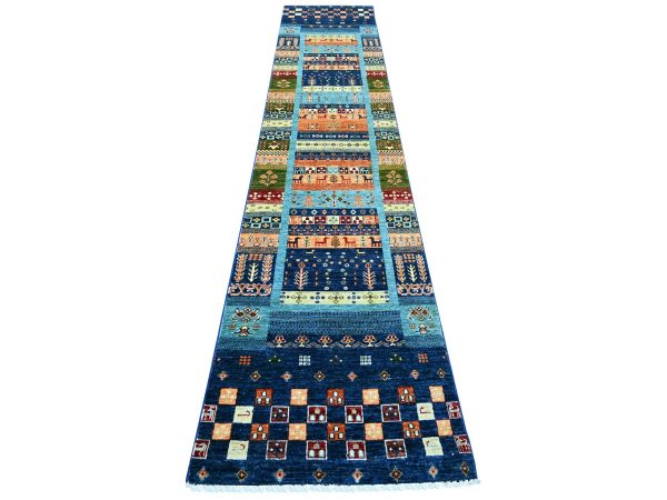 2'5"x12'10" Navy Blue, Fine Kashkuli Gabbeh with Small Animal Figurines, Hand Knotted, Soft Wool, Vegetable Dyes, Runner, Oriental Rug HR21867