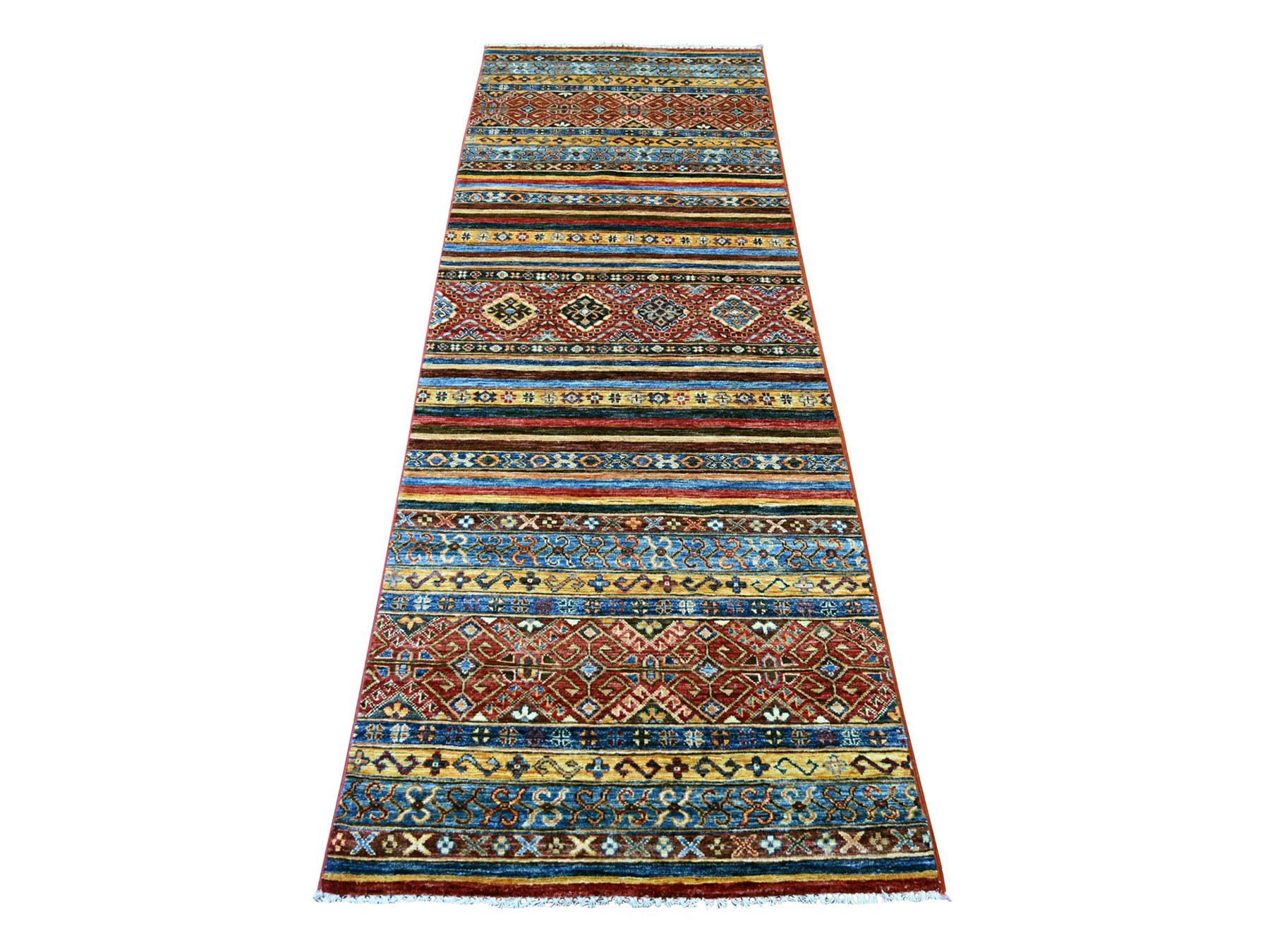 2'10"x8'1" Colorful, Afghan Super Kazak with Khorjin Design, Hand Knotted, Vegetable Dyes, Pure Wool, Runner, Oriental Rug HR21868