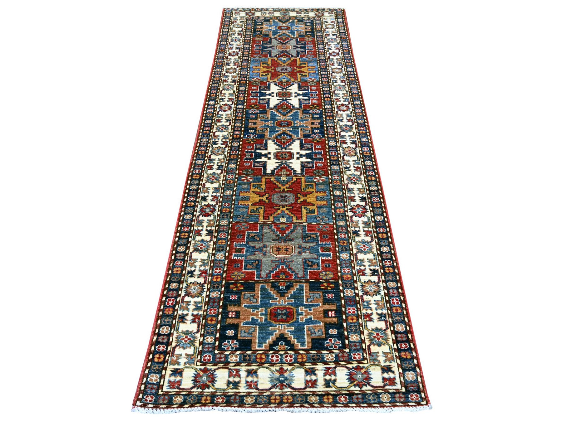 2'10"x9' Colorful, Vegetable Dyes, Afghan Super Kazak with Geometric Medallions Design, Hand Knotted, Pure Wool, Runner, Oriental Rug HR21870