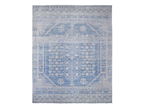 8'x9'9" Carolina Blue, Washed Out Afghan Peshawar, Khotan with Pomegranate Design, Distinct Abrash, Hand Knotted, 100% Wool, Oriental Rug HR21884