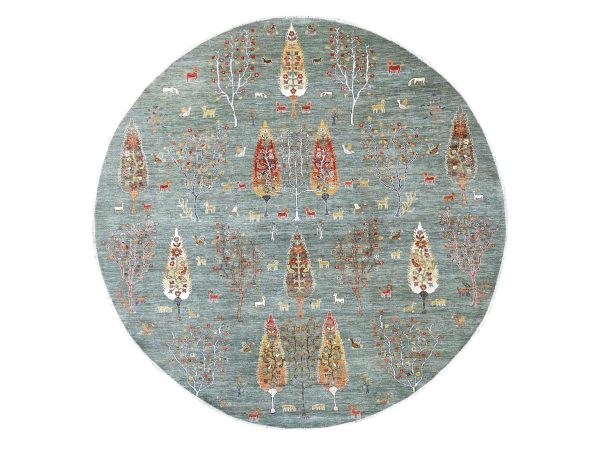 10'x10' Sage Green, Peshawar with Cypress Tree Design, Hand Knotted, High Mountain Wool, Denser Weave, Round, Oriental Rug HR21888