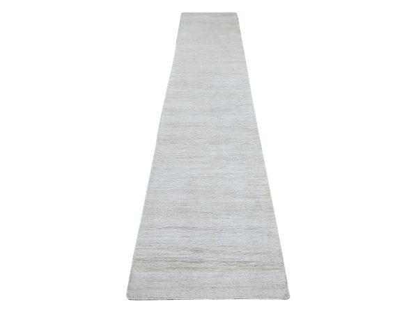 2'4"x11'7" Daisy White, Plain Solid Pattern, Hand Knotted, Hand Spun Ghazni Wool, Lush and Plush, Narrow Runner, Oriental Rug HR21901
