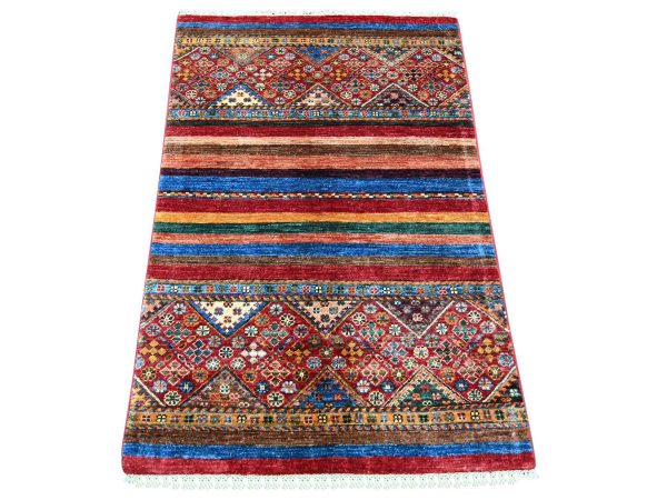 2'7"x4' Berry Red, Afghan Super Kazak with Khorjin Design, Hand Knotted, Vegetable Dyes, Pure Wool, Sample, Mat, Oriental Rug HR21908