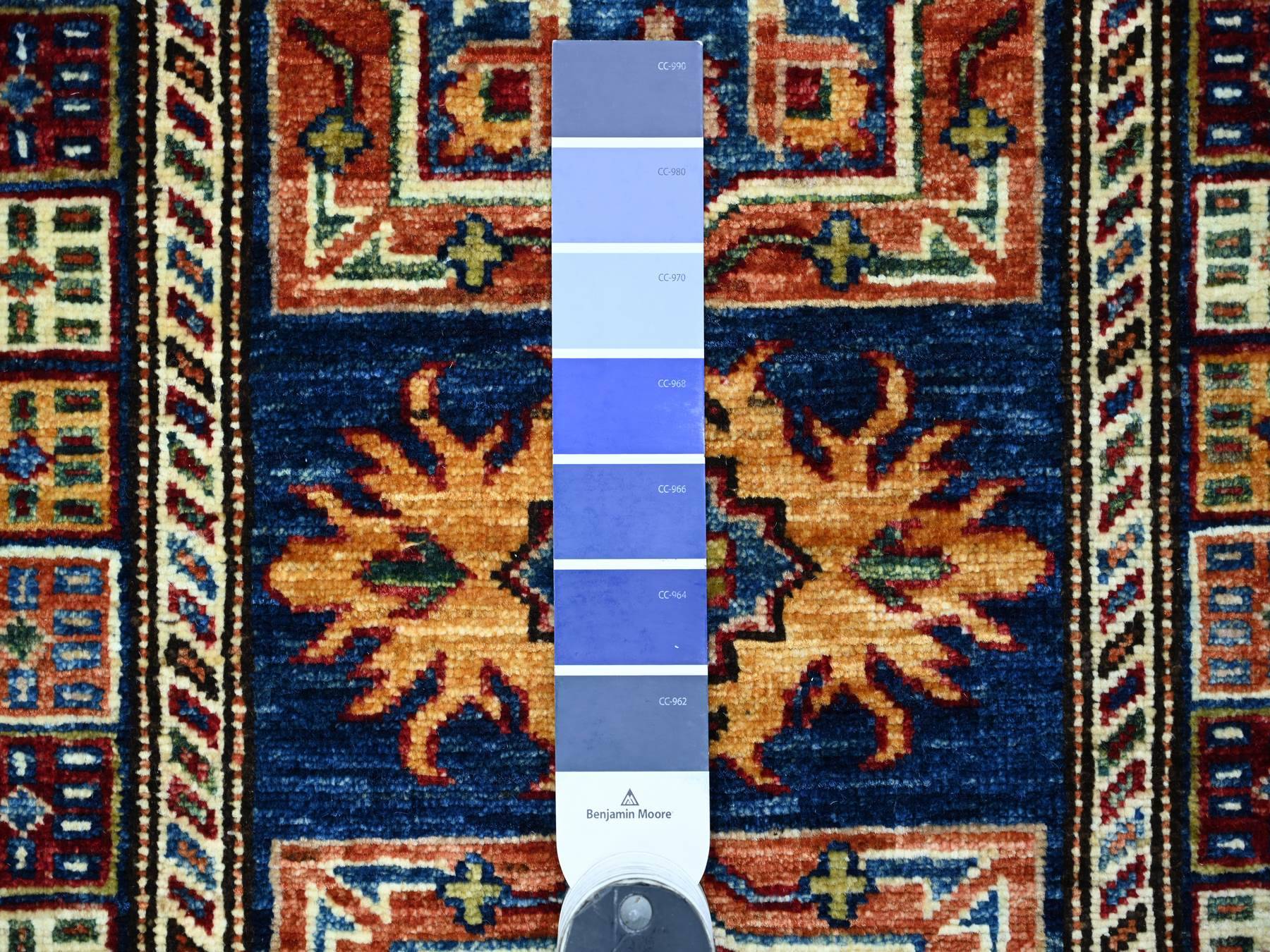 2'x6' Navy Blue, Pure Wool, Afghan Super Kazak with Geometric Medallions Design, Hand Knotted, Vegetable Dyes, Narrow Runner, Oriental Rug HR21916 - Image 3