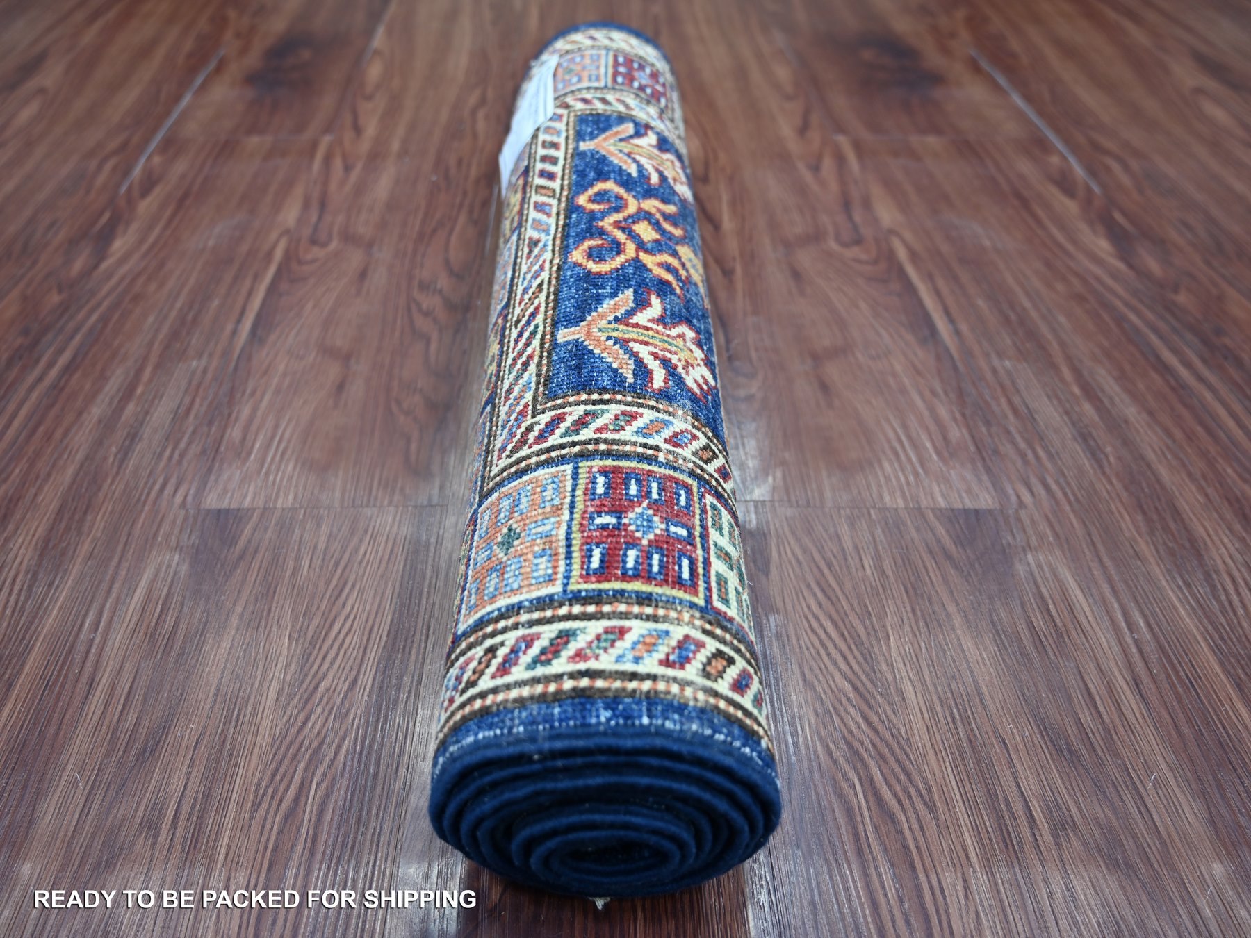 2'x6' Navy Blue, Pure Wool, Afghan Super Kazak with Geometric Medallions Design, Hand Knotted, Vegetable Dyes, Narrow Runner, Oriental Rug HR21916 - Image 4