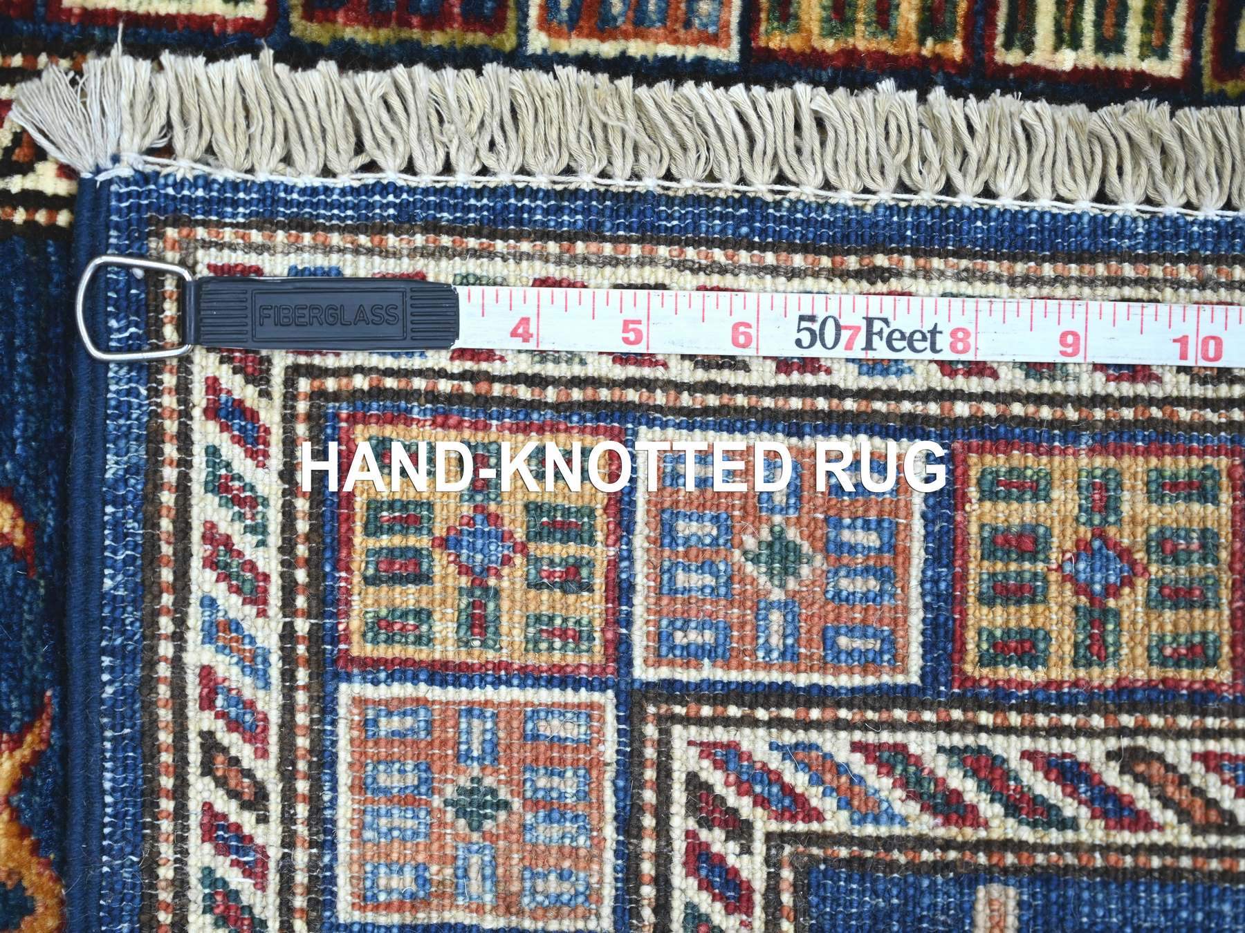 2'x6' Navy Blue, Pure Wool, Afghan Super Kazak with Geometric Medallions Design, Hand Knotted, Vegetable Dyes, Narrow Runner, Oriental Rug HR21916 - Image 6