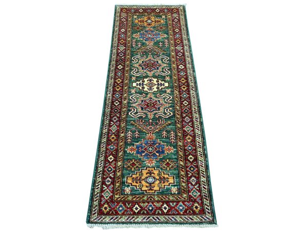 2'1"x6' Hunter Green, Vegetable Dyes, Afghan Super Kazak with Geometric Medallions Design, Hand Knotted, Pure Wool, Narrow Runner, Oriental Rug HR21917