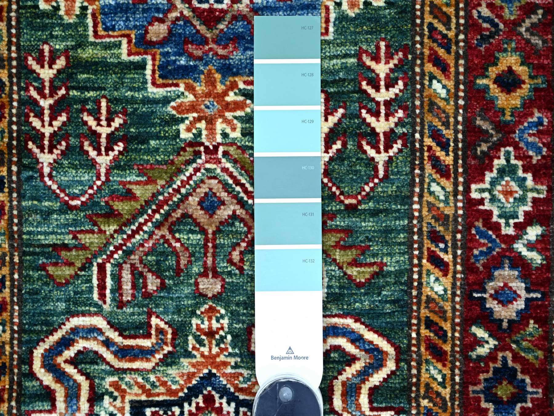 2'1"x6' Hunter Green, Vegetable Dyes, Afghan Super Kazak with Geometric Medallions Design, Hand Knotted, Pure Wool, Narrow Runner, Oriental Rug HR21917 - Image 3