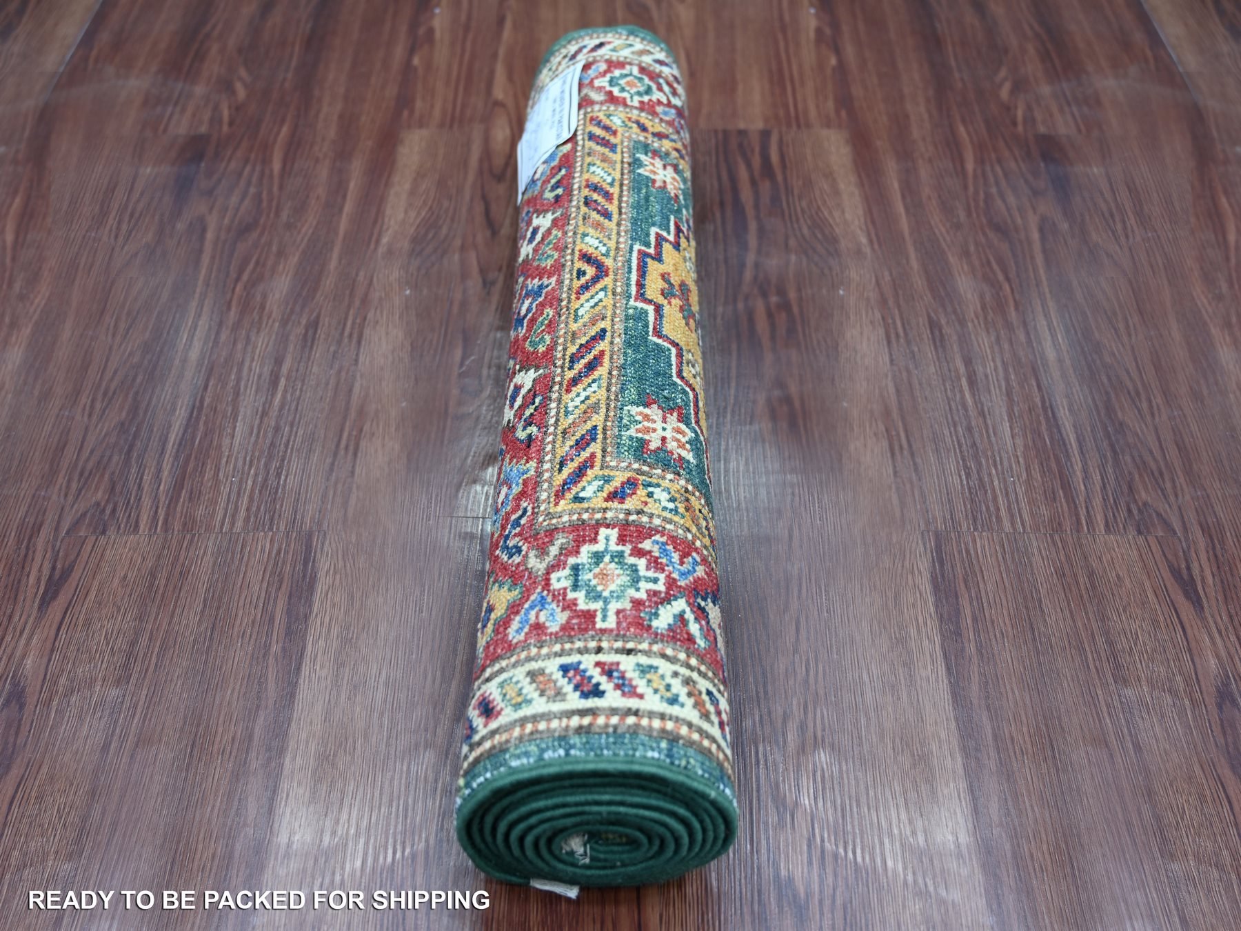 2'1"x6' Hunter Green, Vegetable Dyes, Afghan Super Kazak with Geometric Medallions Design, Hand Knotted, Pure Wool, Narrow Runner, Oriental Rug HR21917 - Image 4