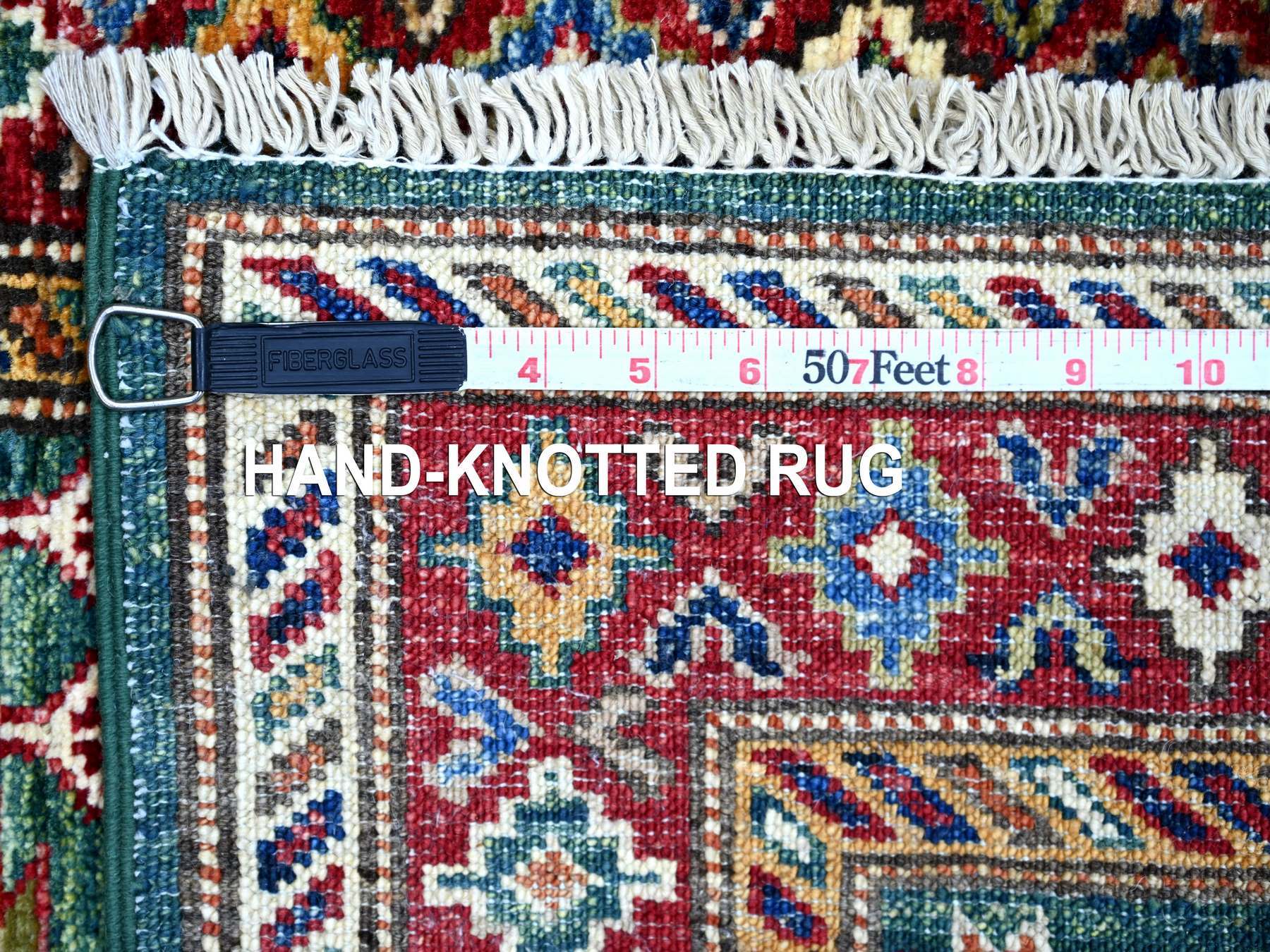 2'1"x6' Hunter Green, Vegetable Dyes, Afghan Super Kazak with Geometric Medallions Design, Hand Knotted, Pure Wool, Narrow Runner, Oriental Rug HR21917 - Image 6