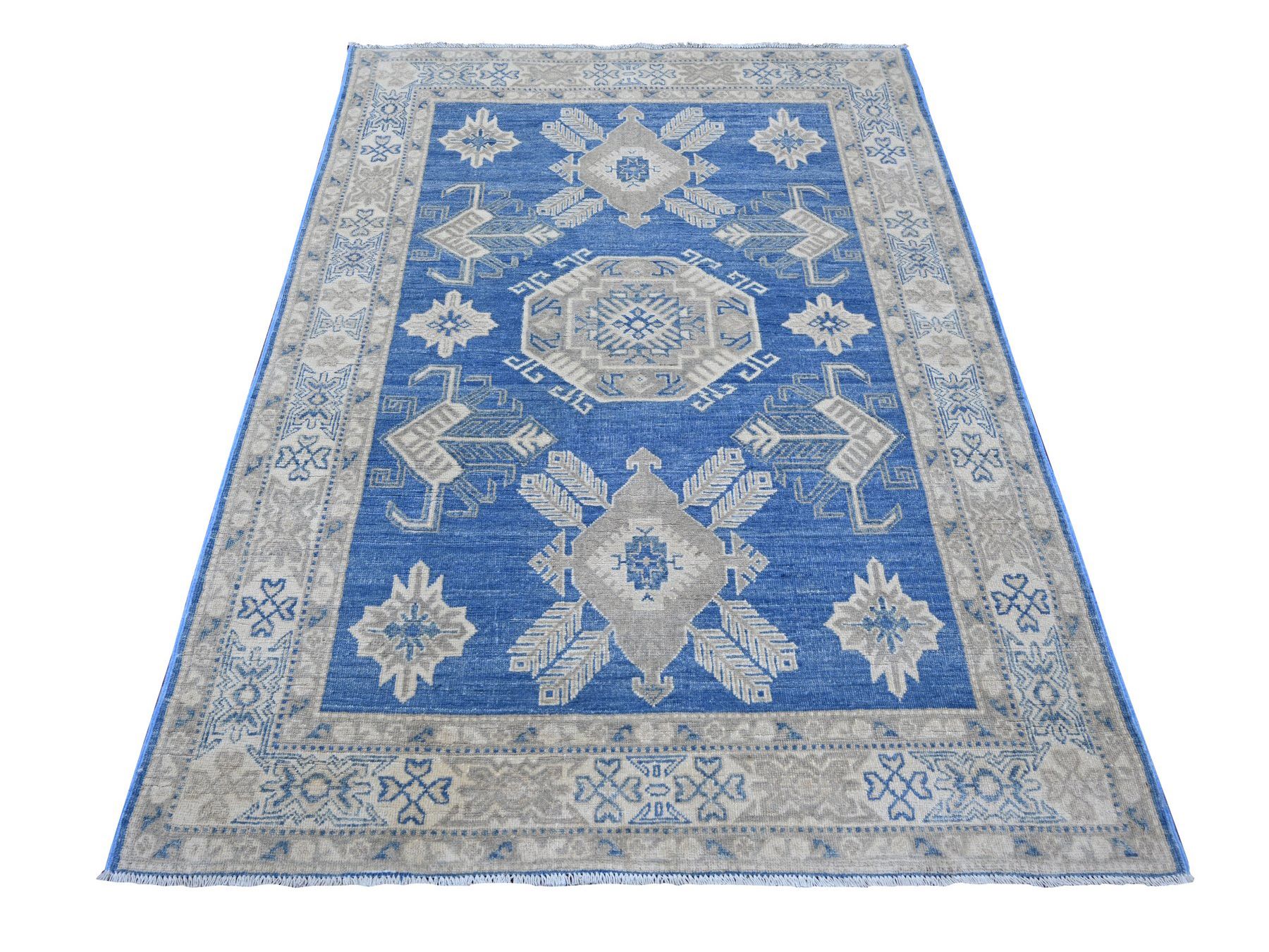 4'9"x6'5" Bayern Blue, Vintage Look Kazak with Geometric Medallions, Hand Knotted, 100% Wool, Natural Dyes, Oriental Rug HR21919