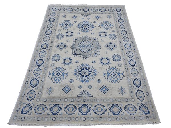 4'7"x6'5" Pearl White, Vintage Look Kazak with Geometric Floral Elements, 100% Wool, Hand Knotted, Natural Dyes, Oriental Rug HR21920