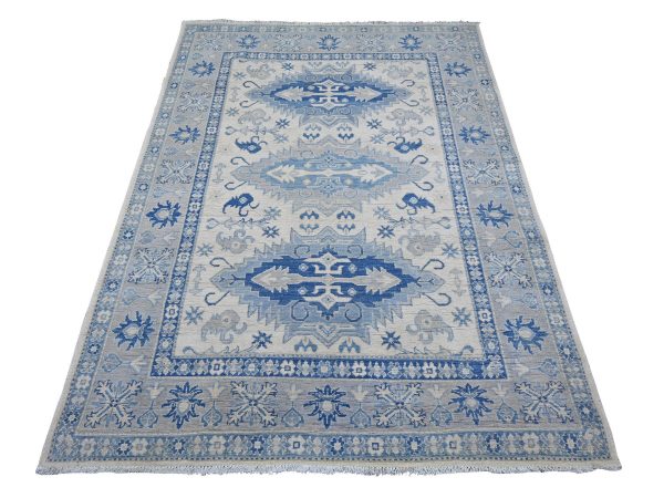 4'10"x6'9" Pearl White, Vintage Look Kazak with Geometric Floral Elements, 100% Wool, Hand Knotted, Natural Dyes, Oriental Rug HR21921