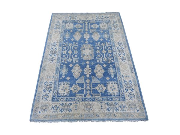 4'1"x5'10" Lake Blue, Vintage Look Kazak with All Over Design, 100% Wool, Hand Knotted, Natural Dyes, Oriental Rug HR21924
