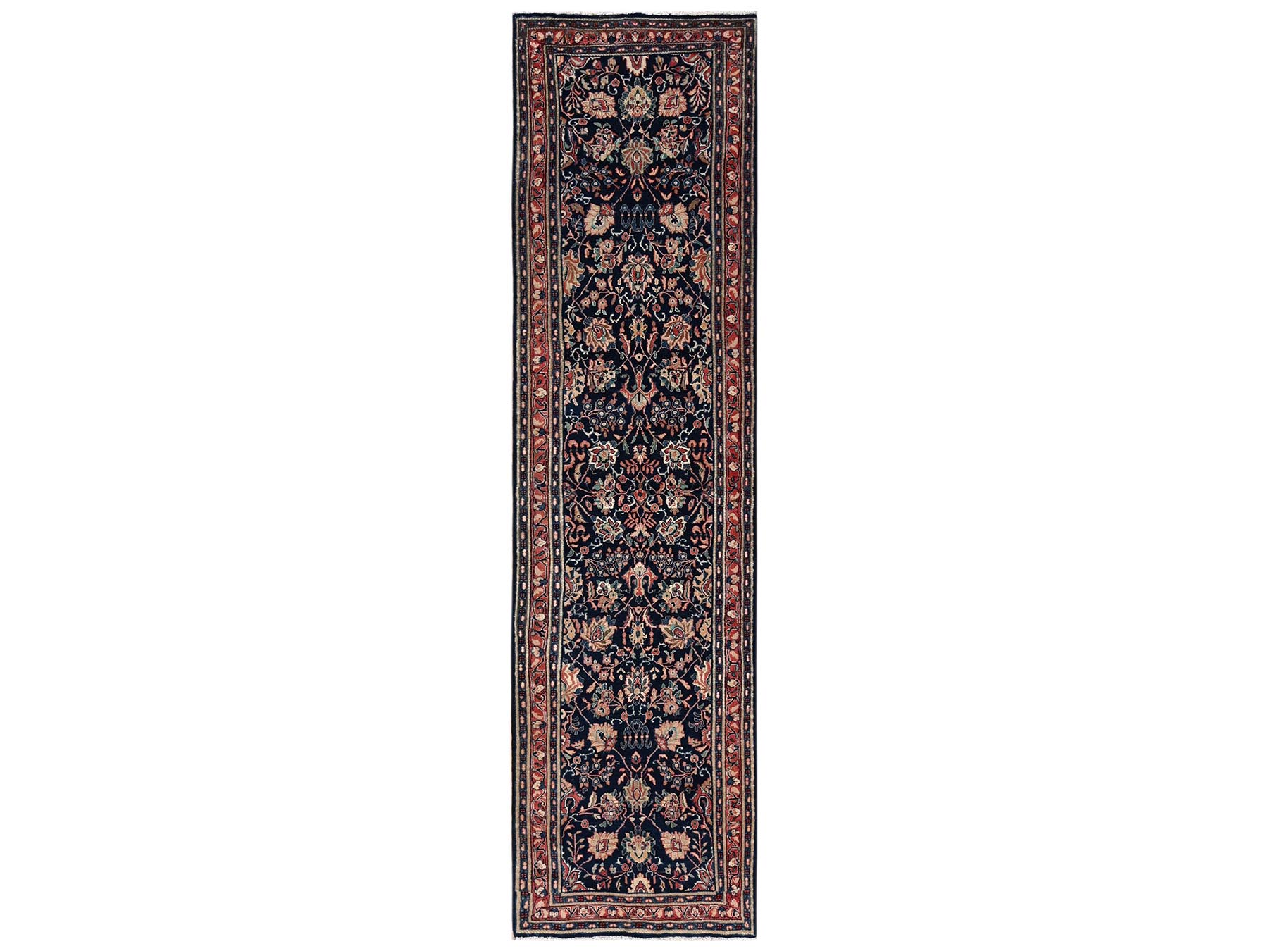 2'8"x10'8" Midnight Blue, Vintage Persian Sarouk Mahal with All Over Design, 100% Wool, Hand Knotted, Cropped Thin, Even Wear, Sides and Ends Professionally Secured, Runner, Oriental Rug HR2193