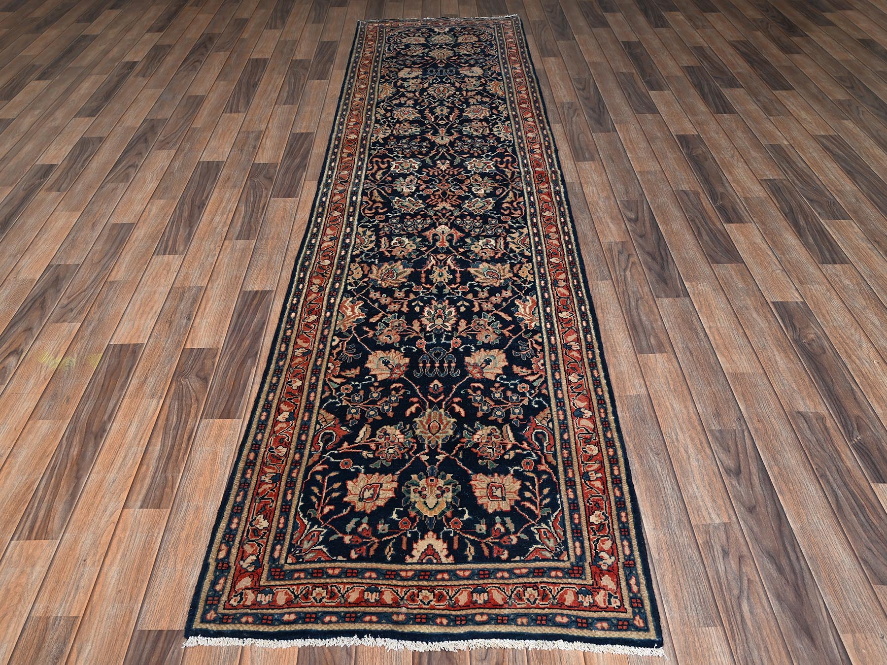 2'8"x10'8" Midnight Blue, Vintage Persian Sarouk Mahal with All Over Design, 100% Wool, Hand Knotted, Cropped Thin, Even Wear, Sides and Ends Professionally Secured, Runner, Oriental Rug HR2193 - Image 2