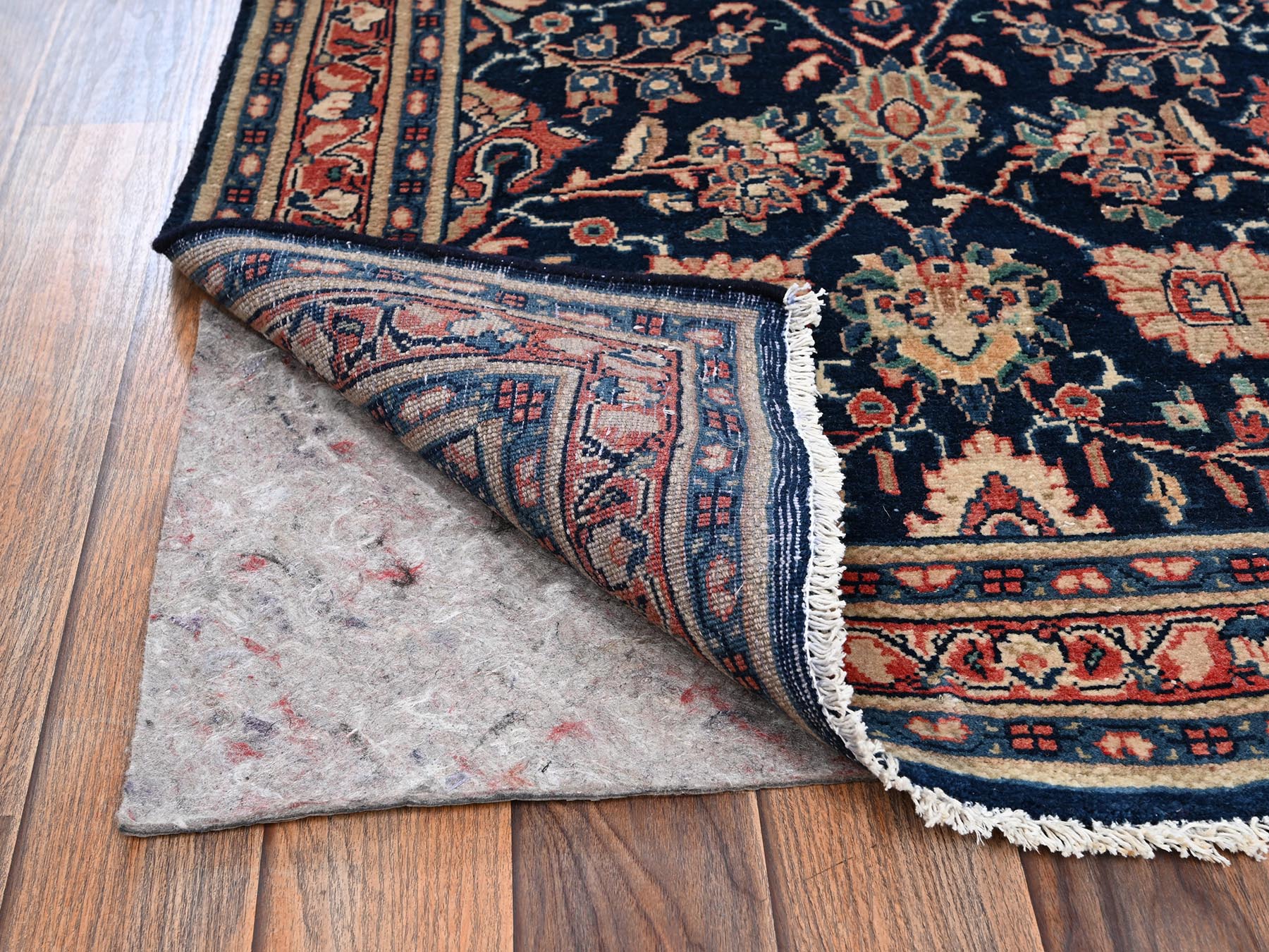 2'8"x10'8" Midnight Blue, Vintage Persian Sarouk Mahal with All Over Design, 100% Wool, Hand Knotted, Cropped Thin, Even Wear, Sides and Ends Professionally Secured, Runner, Oriental Rug HR2193 - Image 3