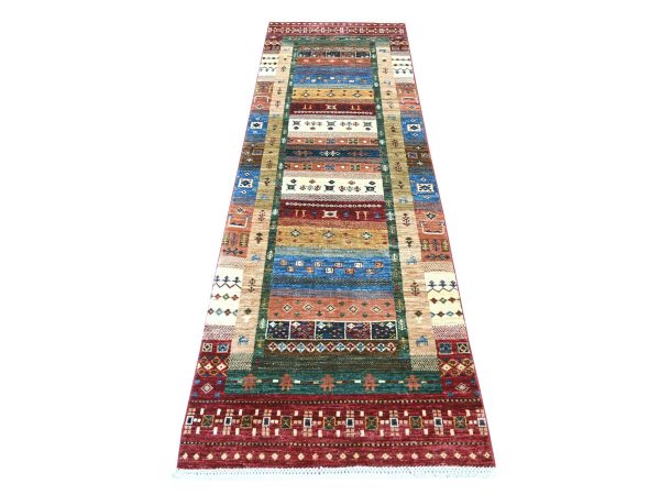 2'9"x8'7" Colorful, Soft Wool, Vegetable Dyes, Fine Kashkuli Gabbeh with Small Animal Figurines, Hand Knotted, Runner, Oriental Rug HR21947
