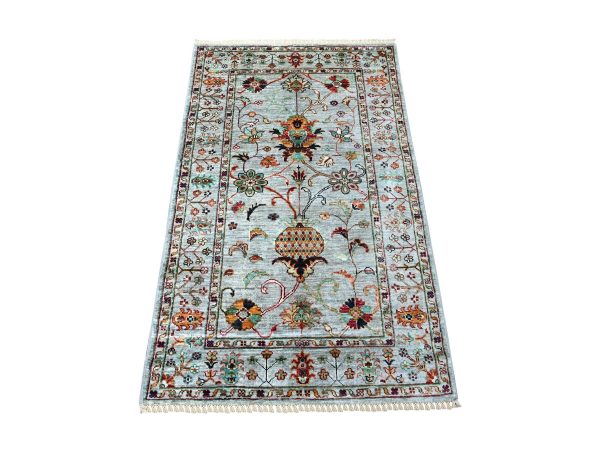 3'x4'8" Misty Gray, Hand Knotted, Afghan Sultani with Pomegranate Design, Denser Weave, Vegetable Dyes, Soft Wool, Oriental Rug HR21948