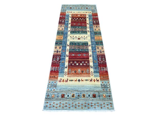 2'6"x7'1" Light Blue, Vegetable Dyes, Fine Kashkuli Gabbeh with Small Animal Figurines, Hand Knotted, Soft Wool, Narrow Runner, Oriental Rug HR21949