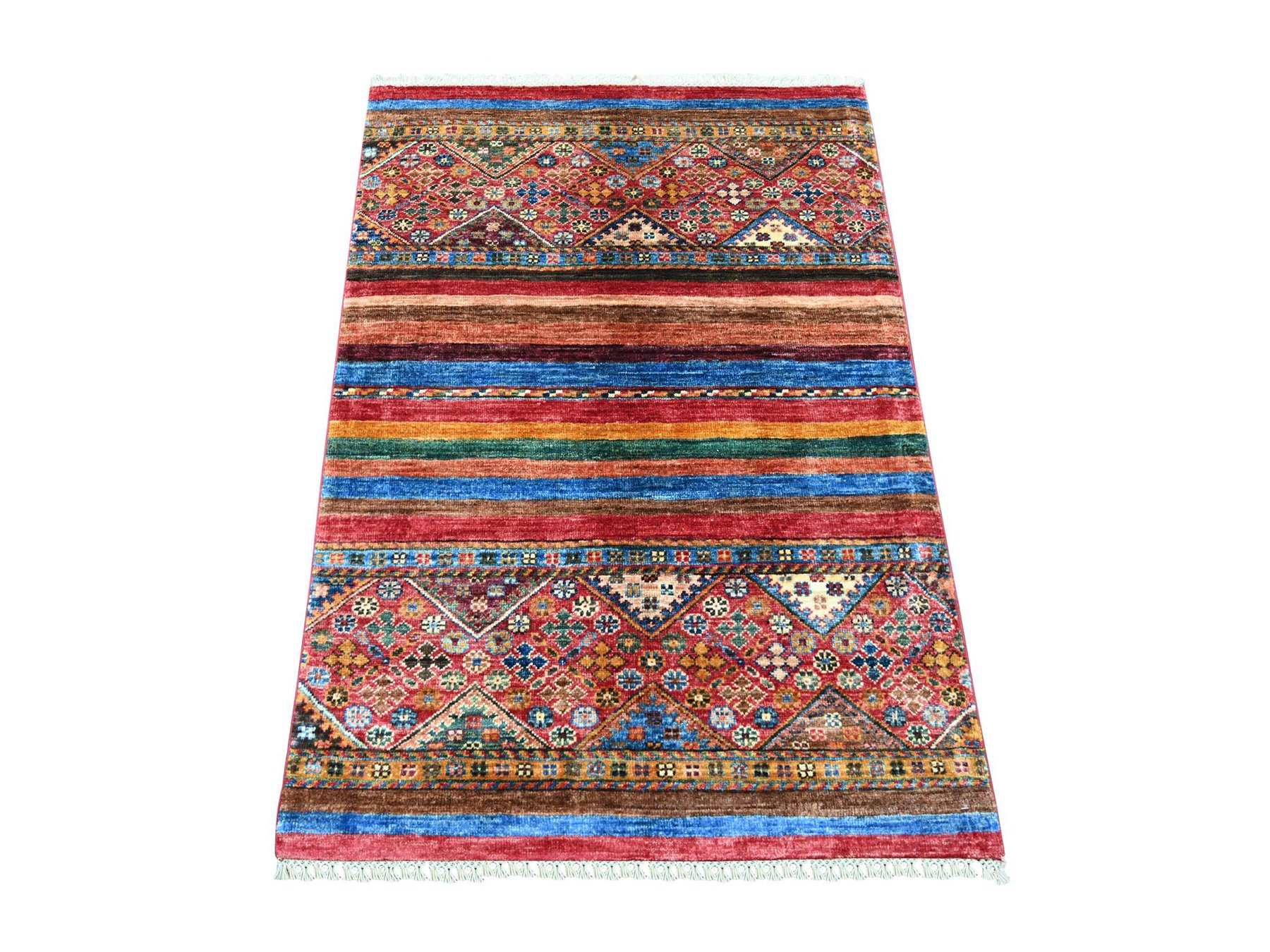 2'9"x3'10" Berry Red, Vegetable Dyes, Afghan Super Kazak with Khorjin Design, Hand Knotted, Pure Wool, Sample, Mat, Oriental Rug HR21950