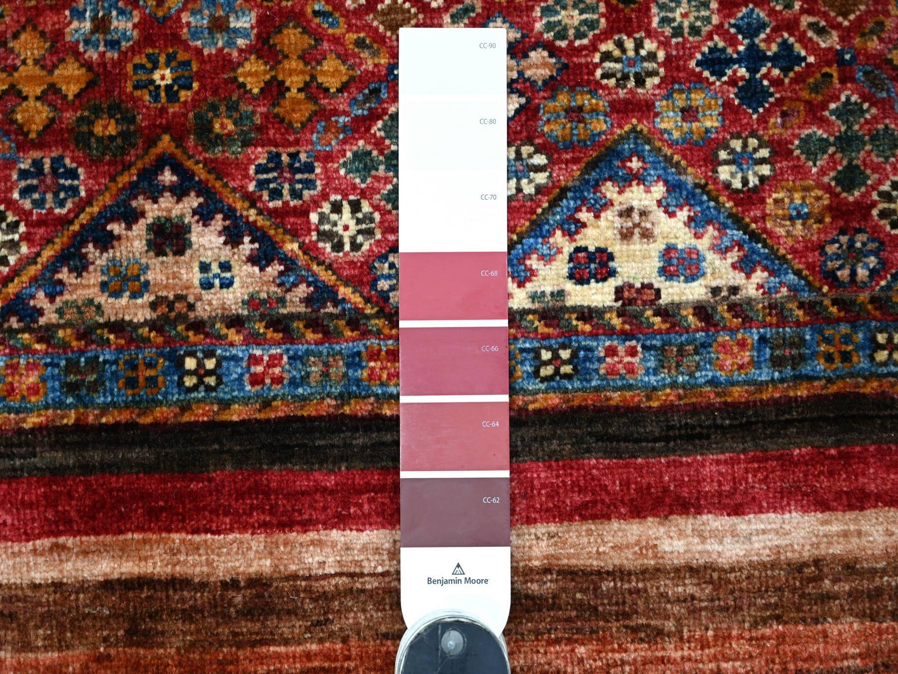 2'9"x3'10" Berry Red, Vegetable Dyes, Afghan Super Kazak with Khorjin Design, Hand Knotted, Pure Wool, Sample, Mat, Oriental Rug HR21950 - Image 3