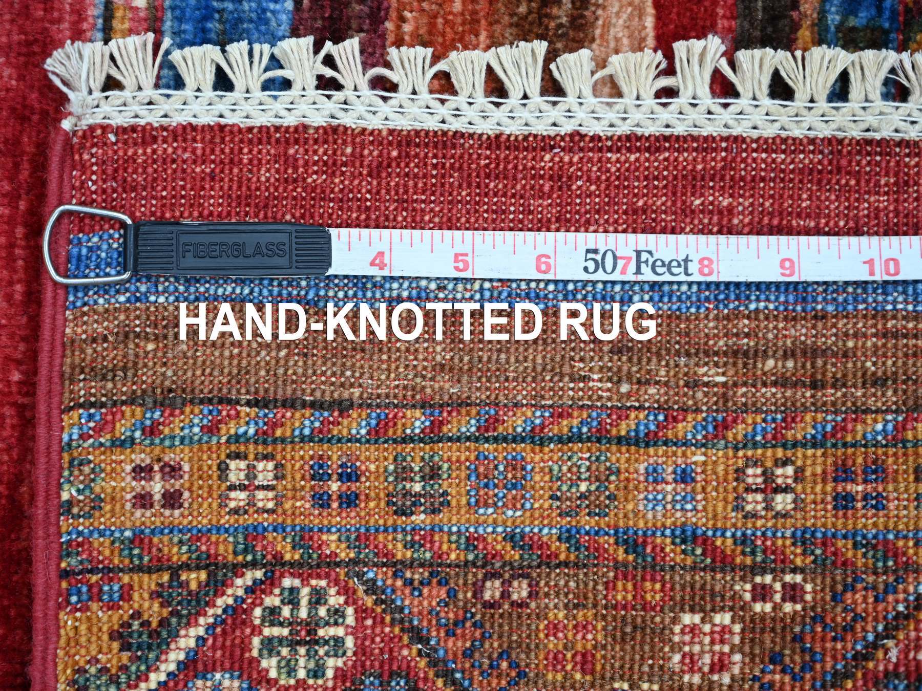 2'9"x3'10" Berry Red, Vegetable Dyes, Afghan Super Kazak with Khorjin Design, Hand Knotted, Pure Wool, Sample, Mat, Oriental Rug HR21950 - Image 6