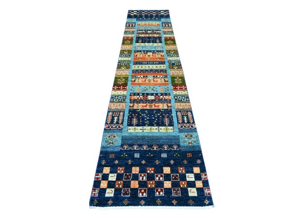 2'8"x12'10" Navy Blue, Fine Kashkuli Gabbeh with Small Animal Figurines, Hand Knotted, Soft Wool, Vegetable Dyes, Runner, Oriental Rug HR21951